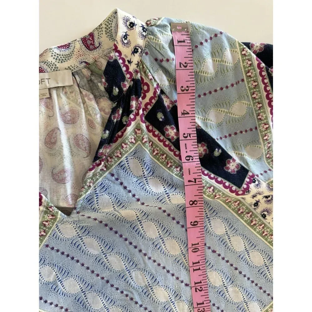 Loft Linen Blend Patchwork Blouse‎ Top Balloon Sleeve Peasant Floral Paisley Med